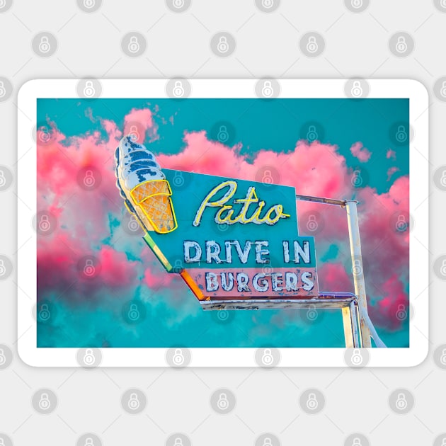 Vintage Neon Sign Pink Aqua Teal Clouds Sunset Ice Cream Drive In Sticker by Jim N Em Designs